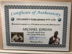 MICHAEL JORDAN BULL JERSEY WITH SIGNED AIR PHOTO - Heroes Framing & Memorabilia