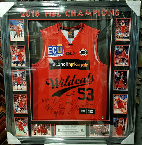 PERTH WILDCATS 2016 CHAMPIONSHIP TEAM SIGNED FRAMED JERSEY - Heroes Framing & Memorabilia