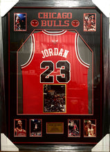 Load image into Gallery viewer, MICHAEL JORDAN BULL JERSEY WITH SIGNED AIR PHOTO - Heroes Framing &amp; Memorabilia