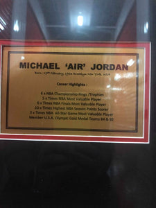 MICHAEL JORDAN BULL JERSEY WITH SIGNED AIR PHOTO - Heroes Framing & Memorabilia