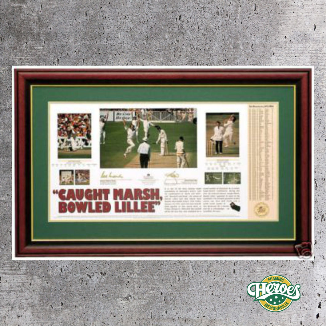 CRICKET – ROD MARSH AND DENNIS LILLEE ‘CAUGHT MARSH, BOWLED LILLEE’ SIGNED PRINT - Heroes Framing & Memorabilia
